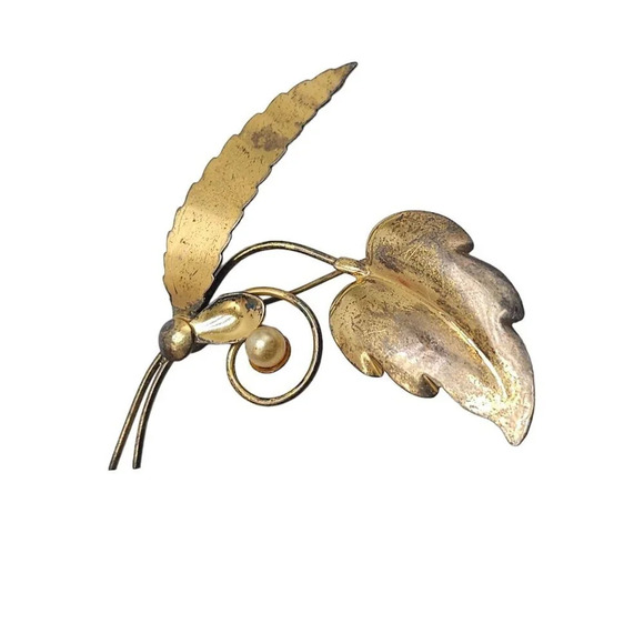 Sterling Silver Gold Vermeil Pearl Large Leaf Brooch Pin Gold Tone Vintage - Picture 2 of 5